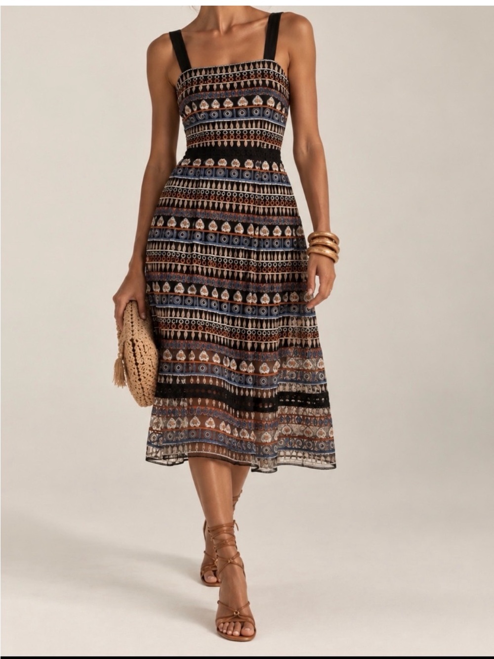 Antonio Melani Sleeveless Embroidered Midi Dress in Black, Orange, Blue and Tan